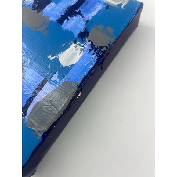 Handmade Acrylic Painting on Canvas Square Abstract Blue Gray 7.5"x8"x1.5" Art - Picture 12 of 12